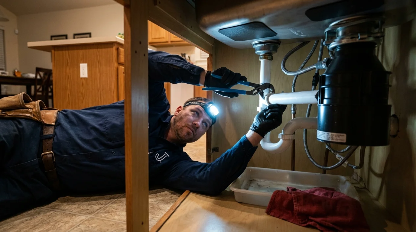 P-trap and supply line connections under a kitchen sink showing a common leak point in Galena, KS